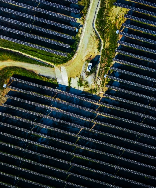 aerial shot of a solar panel field